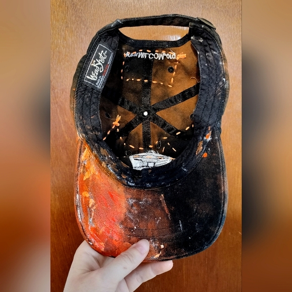 QUEER Camo Bleach Dyed Splatter Painted Hat (neon orange and camo) - Picture 7 of 8